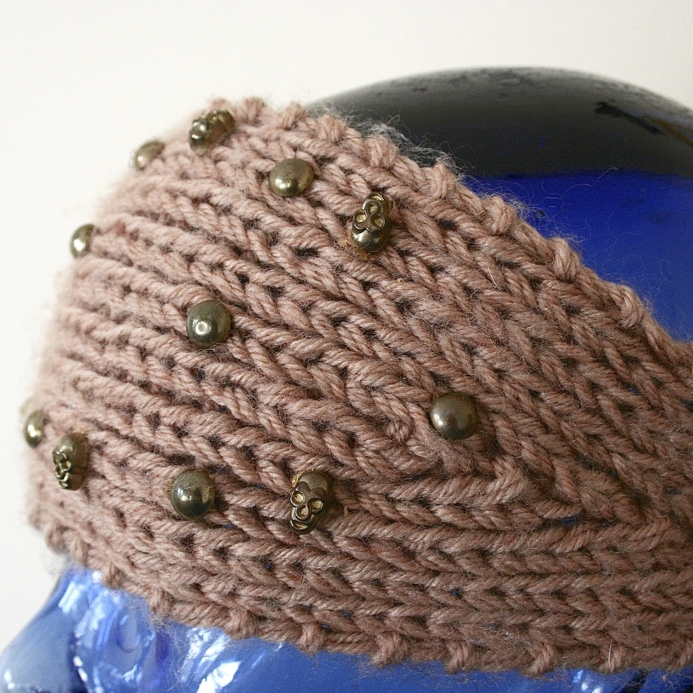 Hand Knit Headband With Golden Studs & Skulls